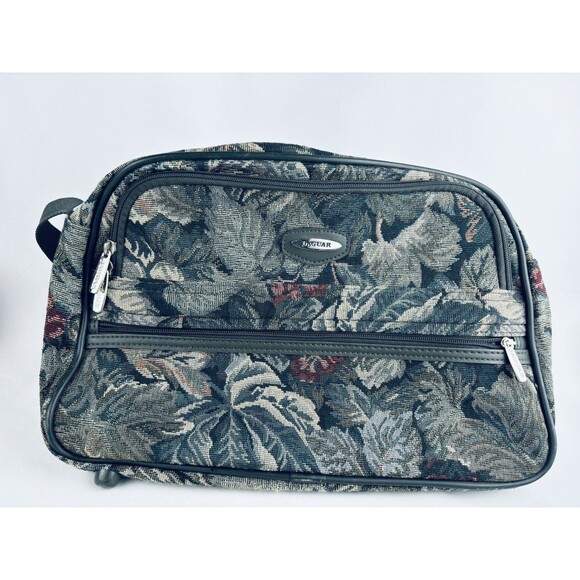 Vintage JAGUAR Green Floral Tapestry Duffel Bag Carry On Luggage Strap - Picture 1 of 15